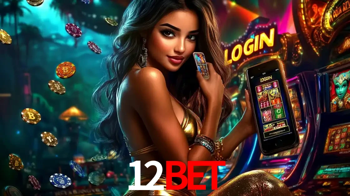 Mulher em um cenário de cassino temático de aventura, mostrando o app de caça-níqueis da 12bet no celular. Fichas de apostas flutuam ao redor.