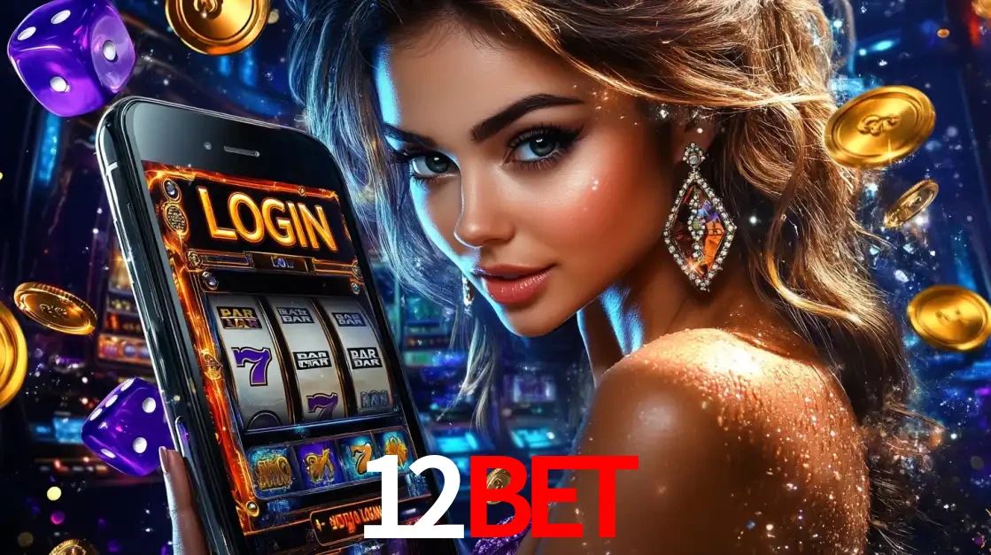Mulher glamorosa segurando um smartphone com a tela de login para os jogos de caça-níqueis do cassino online 12bet, com moedas de ouro e dados ao redor.