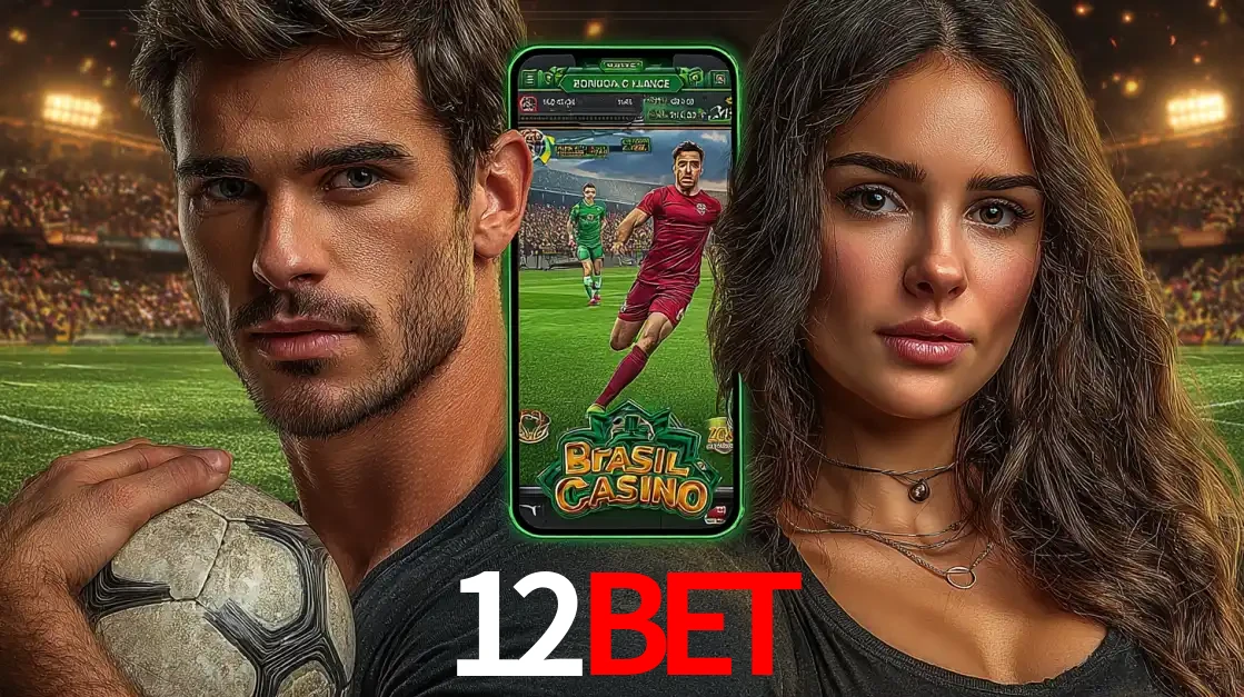 Homem segurando uma bola de futebol e uma mulher ao lado de um smartphone exibindo o jogo de apostas esportivas da 12bet. Faça seu palpite no cassino online.